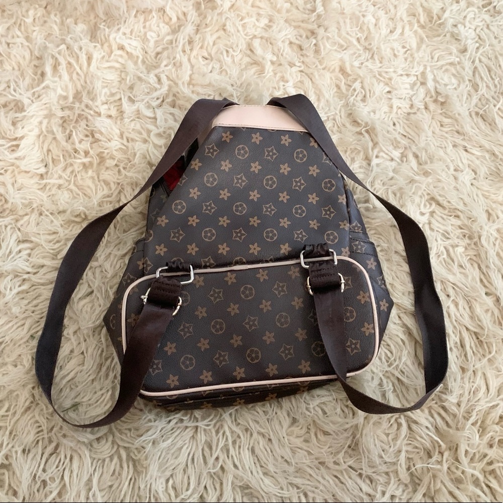 Backpack Brown & Tan Exterior Canvas & Red Inside Lining Gold Hardware - Picture 12 of 16